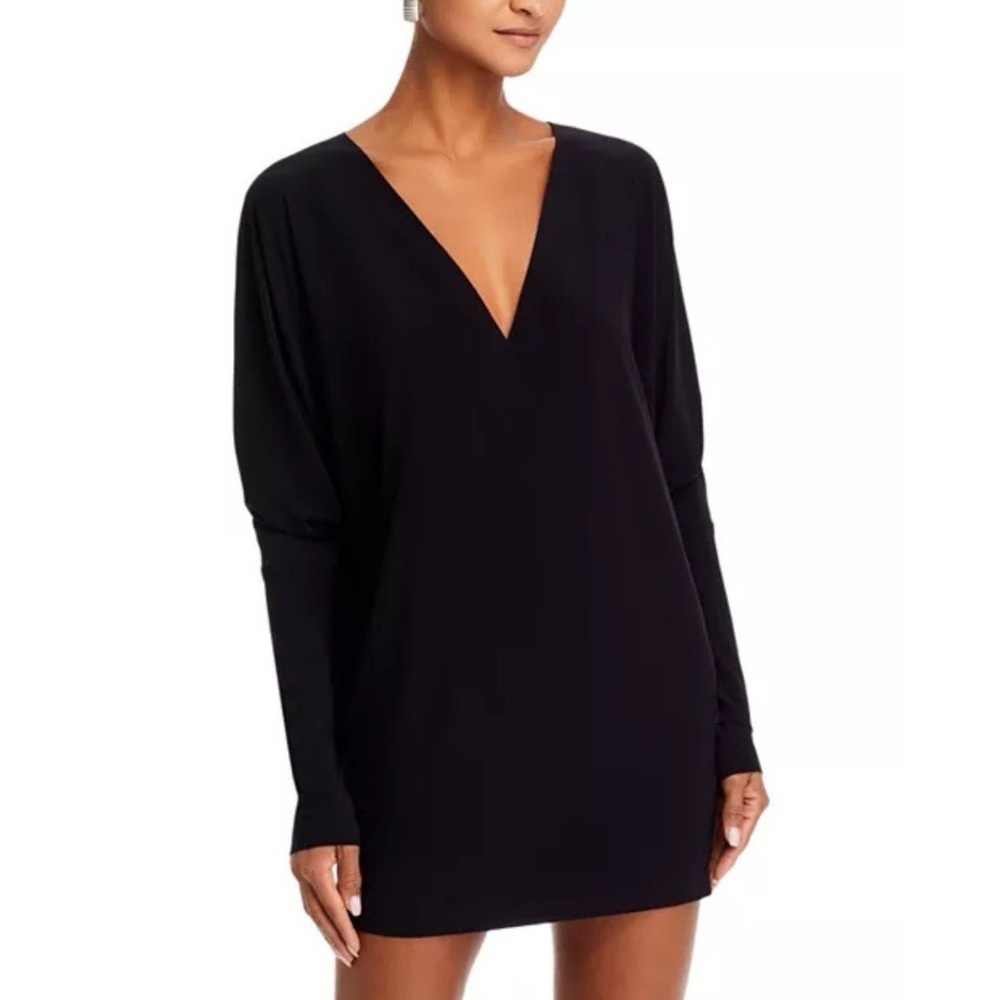 Norma Kamali Women's Dolman Wrap Mini Dress Black S Long Sleeve V Neck Pullover